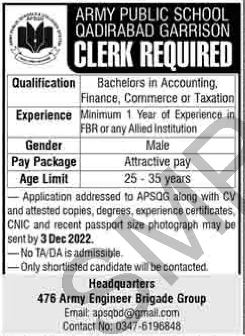 Army Public School APS Qadirabad Garrison Jobs 2022