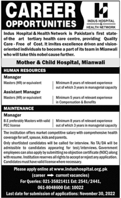 Latest Jobs at Indus Hospital and Health Network | www.indushospital.org.pk