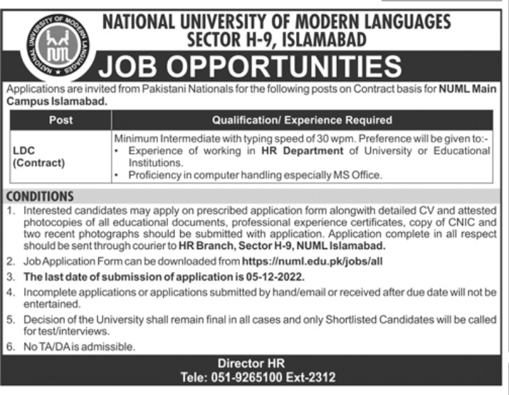 NUML Islamabad Jobs 2022