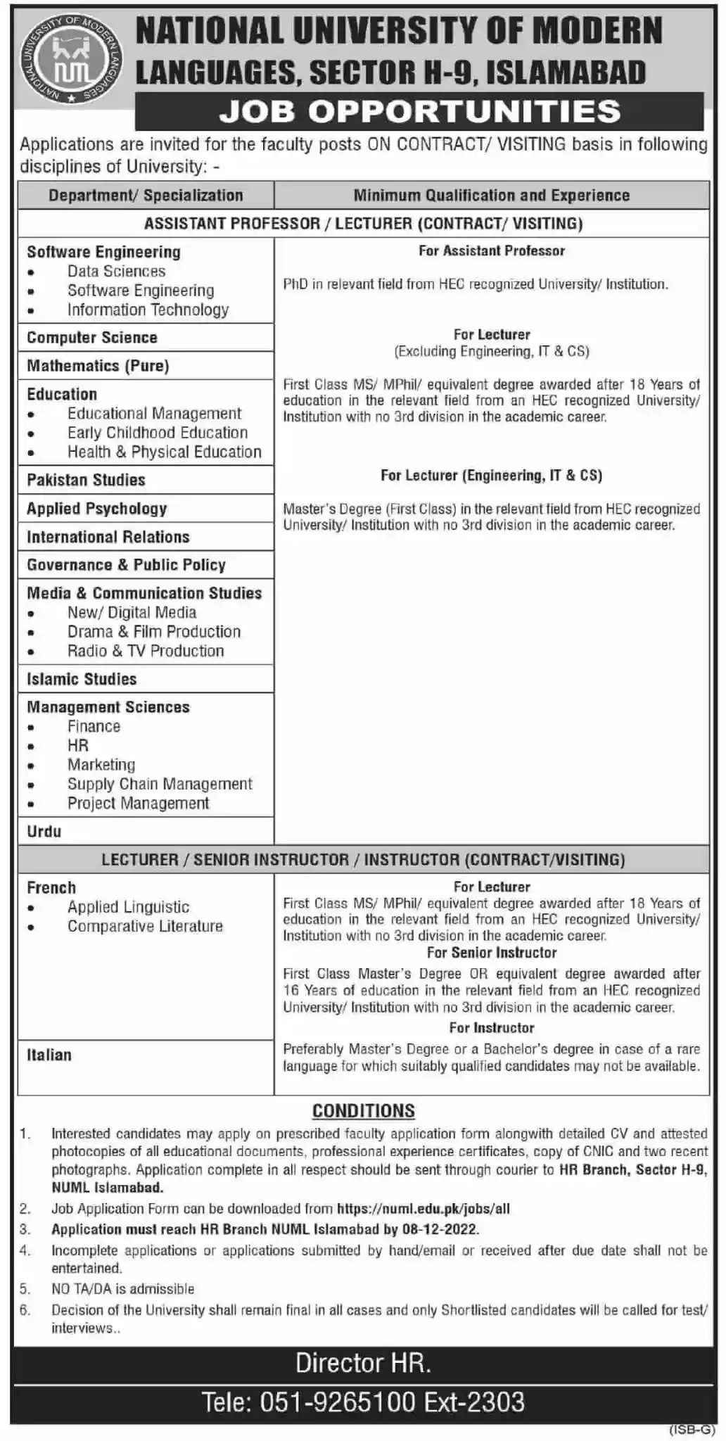 Teaching Staff Required at NUML Islamabad | Employment Form Download