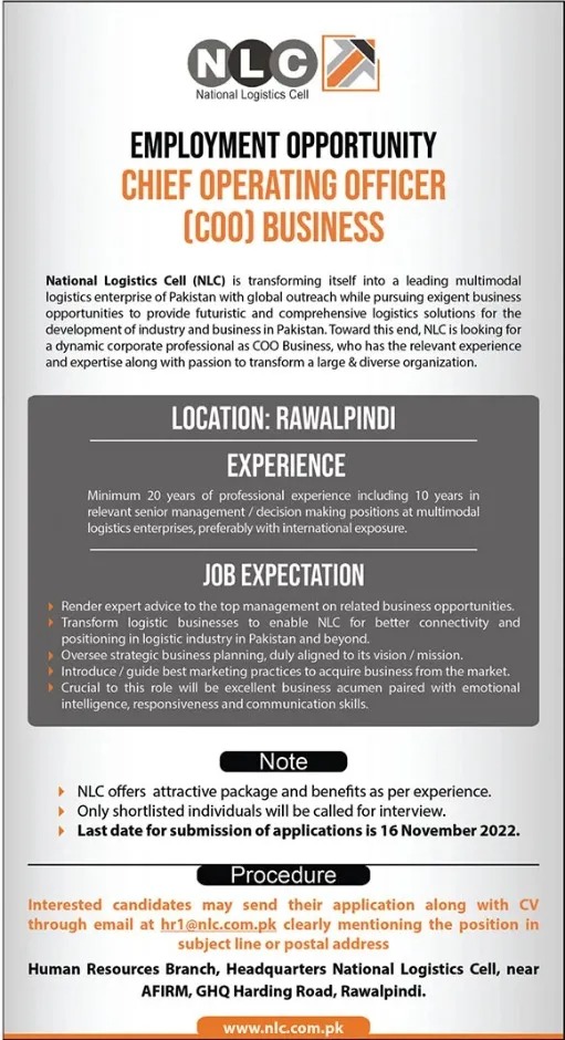 National Logistics Cell NLC Jobs 2022 New Advertisement Online Form