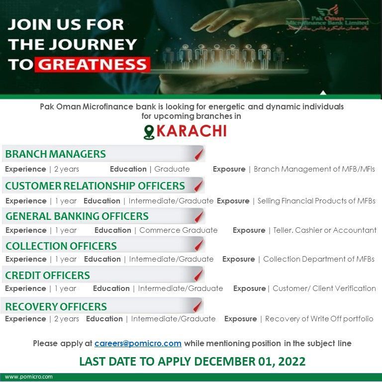 Pak Oman Microfinance Bank Limited Jobs 2022 | www.pomicro.com