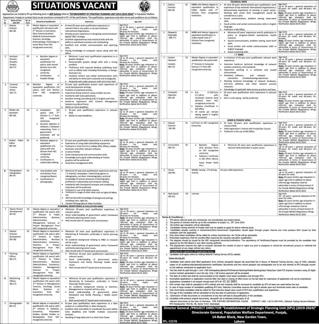 Punjab Population Welfare Department Jobs 2022 | Online NTS Apply