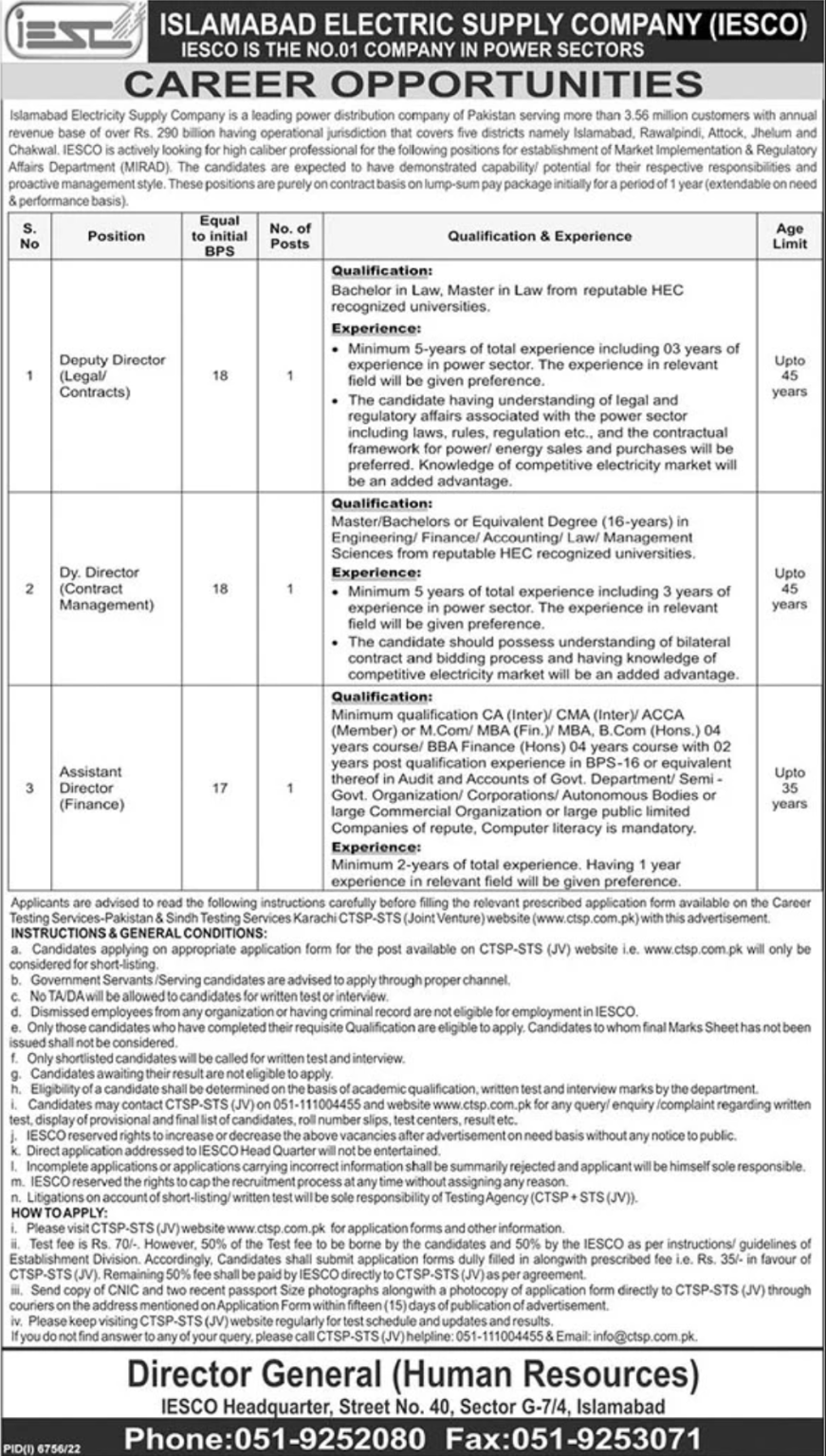 IESCO Jobs 2023 Islamabad Electric Supply Company | CTSP Apply Form