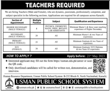 Usman Public School System Jobs 2023 | Teachers Jobs in Karachi