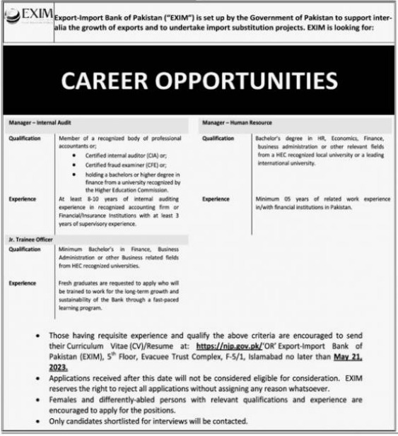 EXIM Bank of Pakistan Jobs 2023 | Online Application Form Details