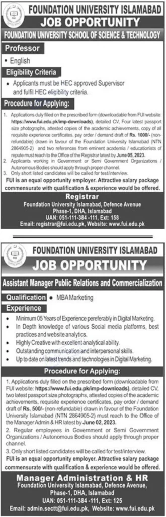 Foundation University Islamabad FUI Jobs 2023 
