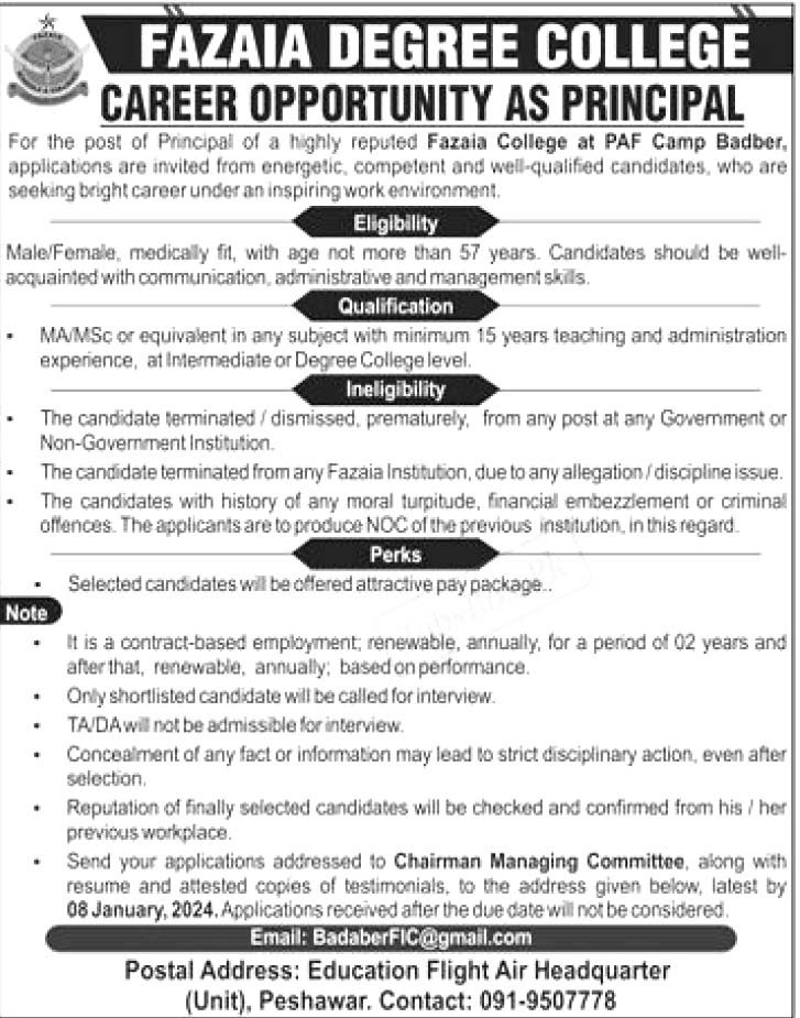 Fazaia Degree College PAF Camp Badaber Jobs 2023 for Males/Females