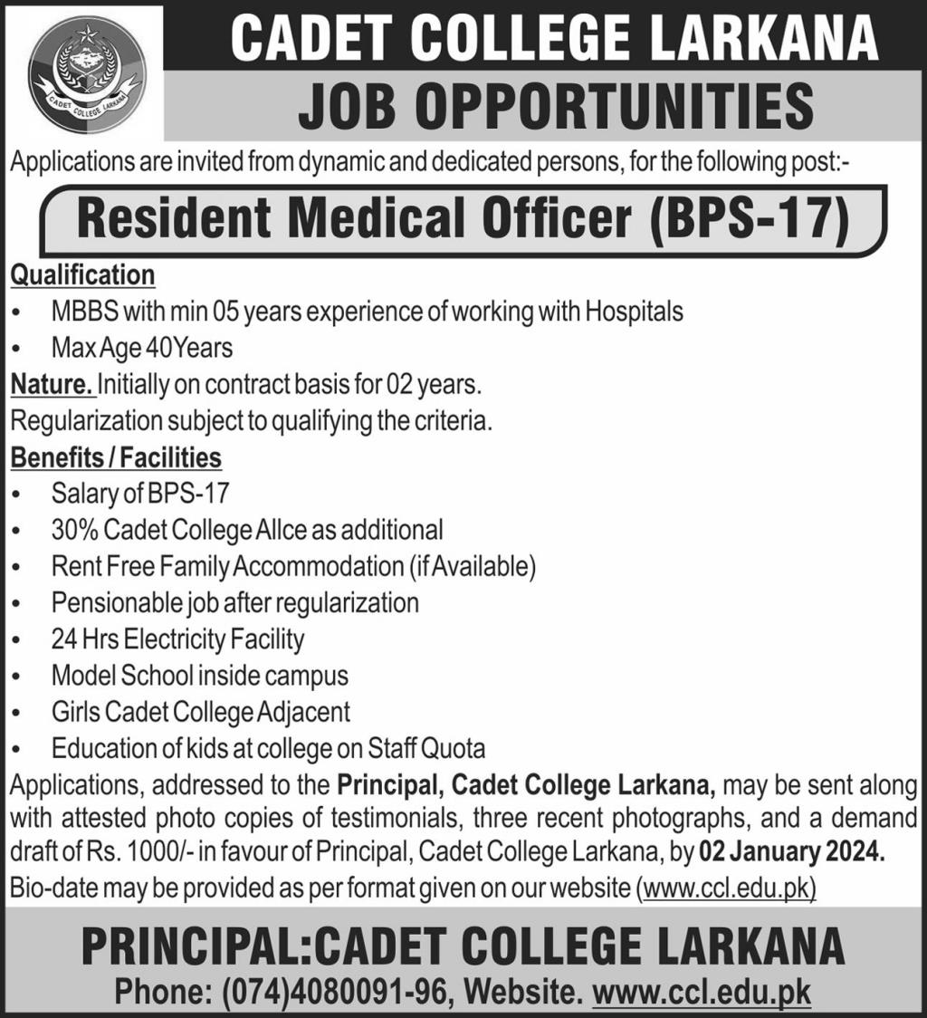 Cadet College Larkana Jobs 2023 Information | www.ccl.edu.pk