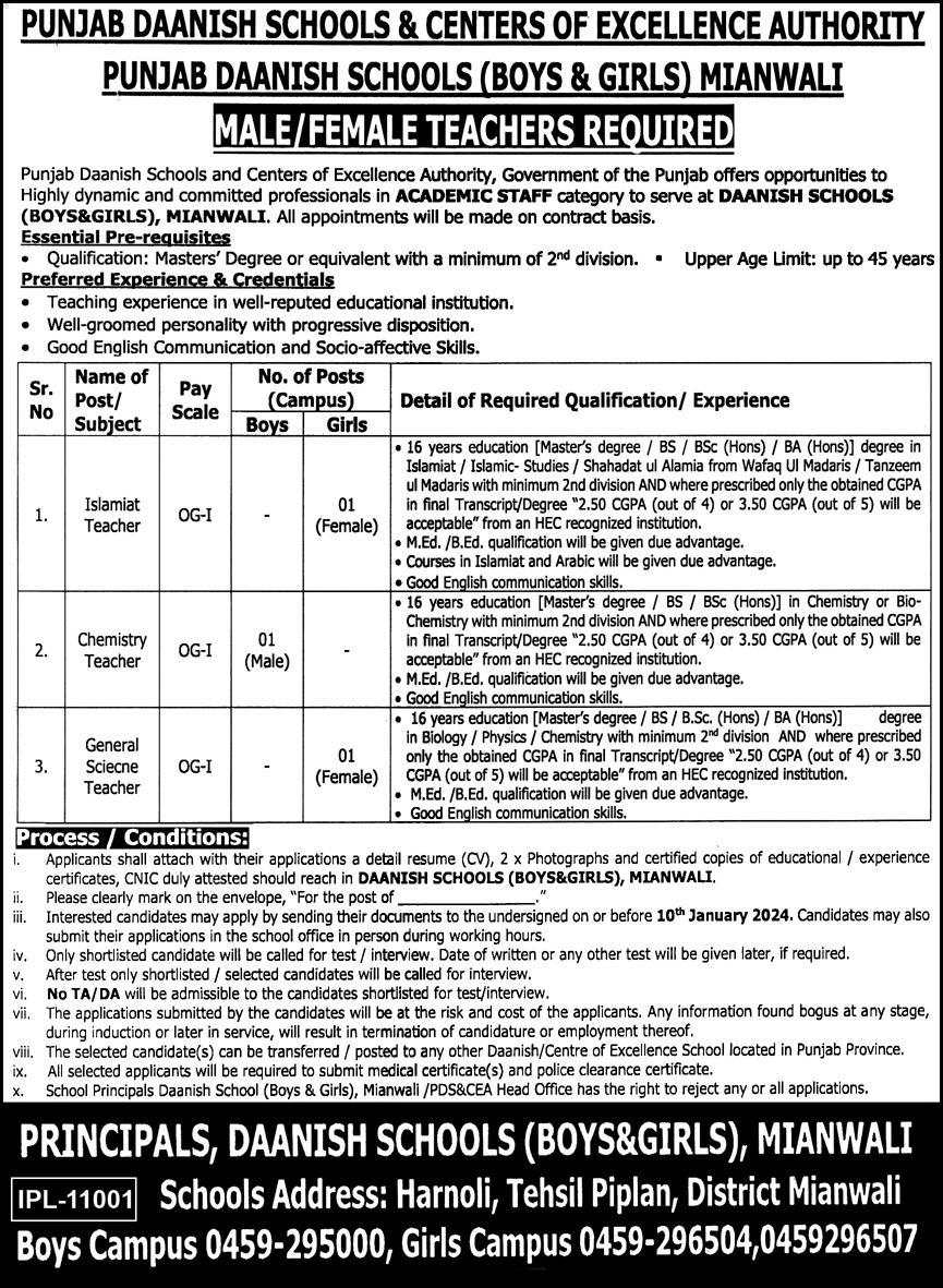 Jobs in Punjab Daanish Schools for Boys & Girls Mianwali