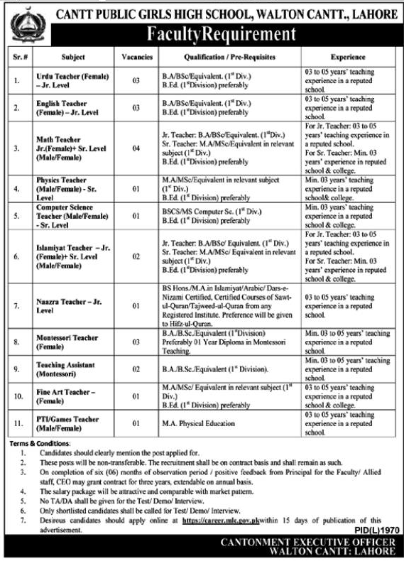 Cantt Public Girls High School Walton Cantt Lahore Jobs 2023