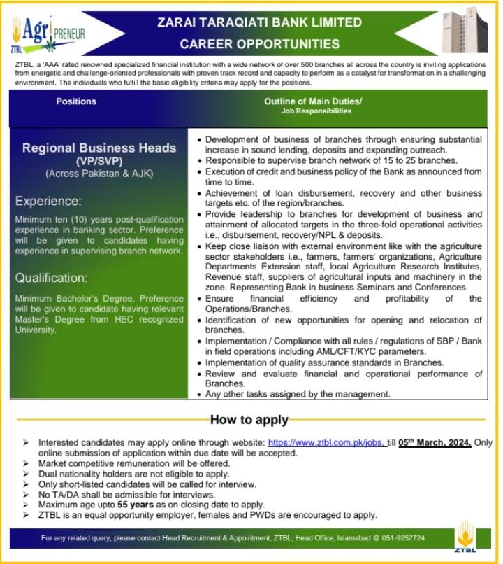 ZTBL Jobs 2024 Zarai Taraqiati Bank Limited | Download Eligibility Criteria