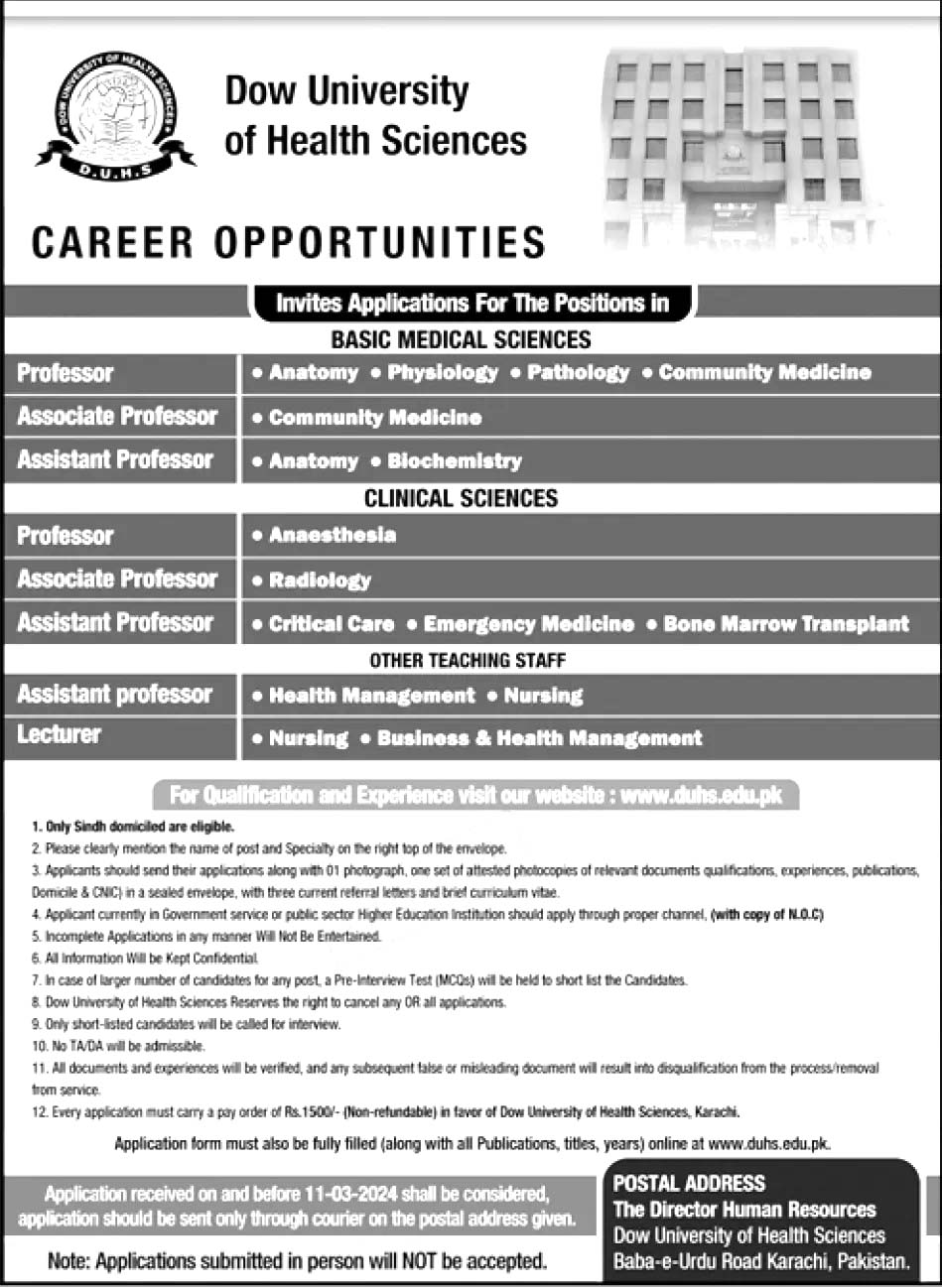 Dow University of Health Sciences DUHS Jobs 2024 | Apply at www.duhs.edu.pk