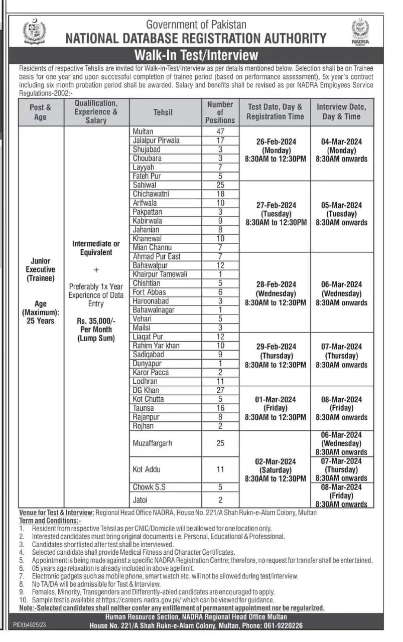 NADRA Regional Head Office Multan Jobs 2024 | Interview Schedule