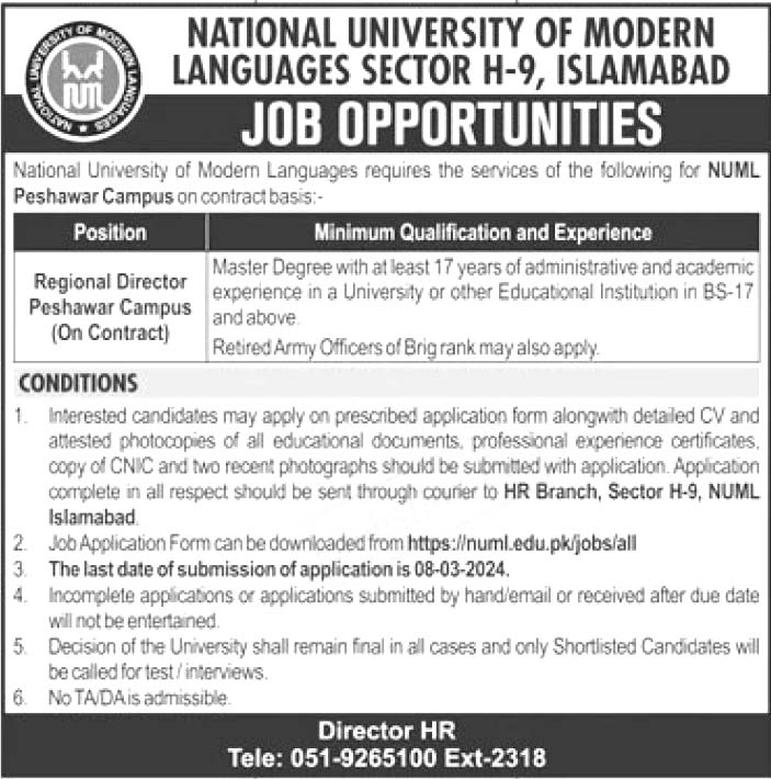 NUML Islamabad Jobs 2024 | Download Form – www.numl.edu.pk