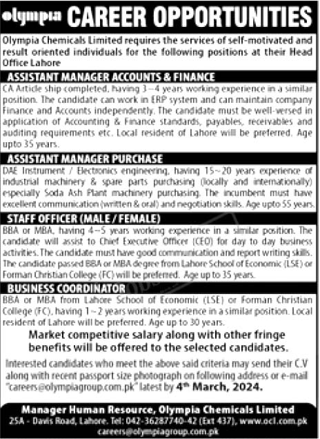 Olympia Chemicals Limited Jobs 2024 in Lahore