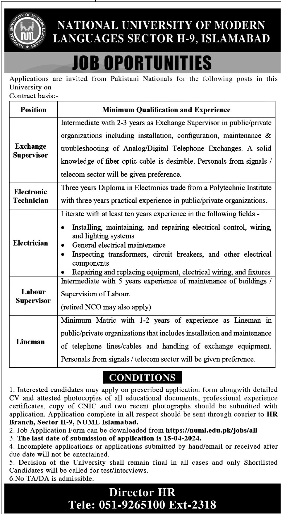 NUML Islamabad Jobs 2024 | www.numl.edu.pk