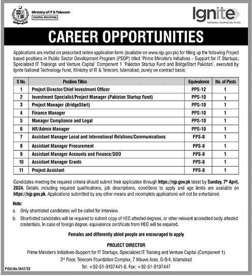 Ministry of IT & Telecom Jobs 2024 – Ignite National Technology Fund Jobs