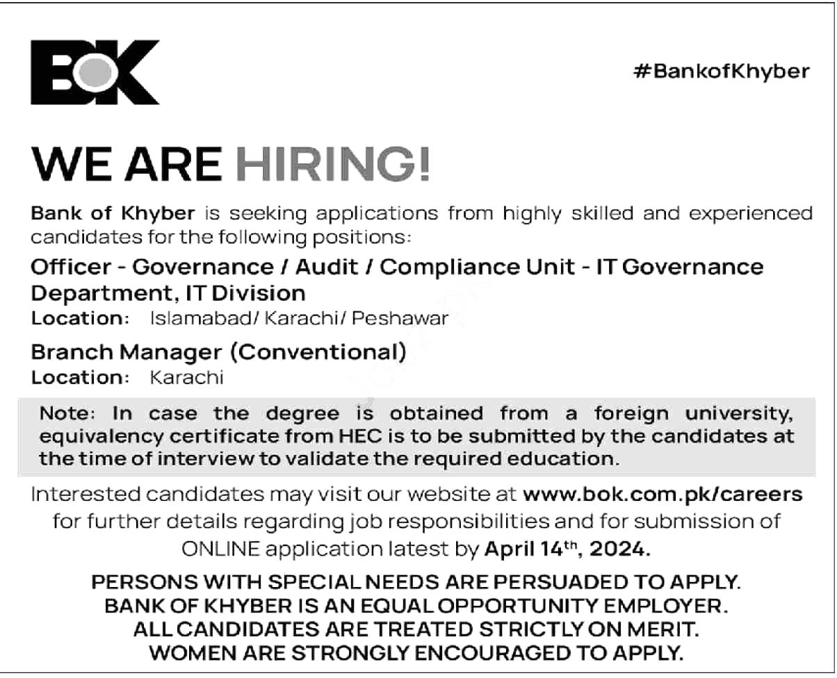 Bank of Khyber BOK Jobs 2024 Apply Online | www.bok.com.pk