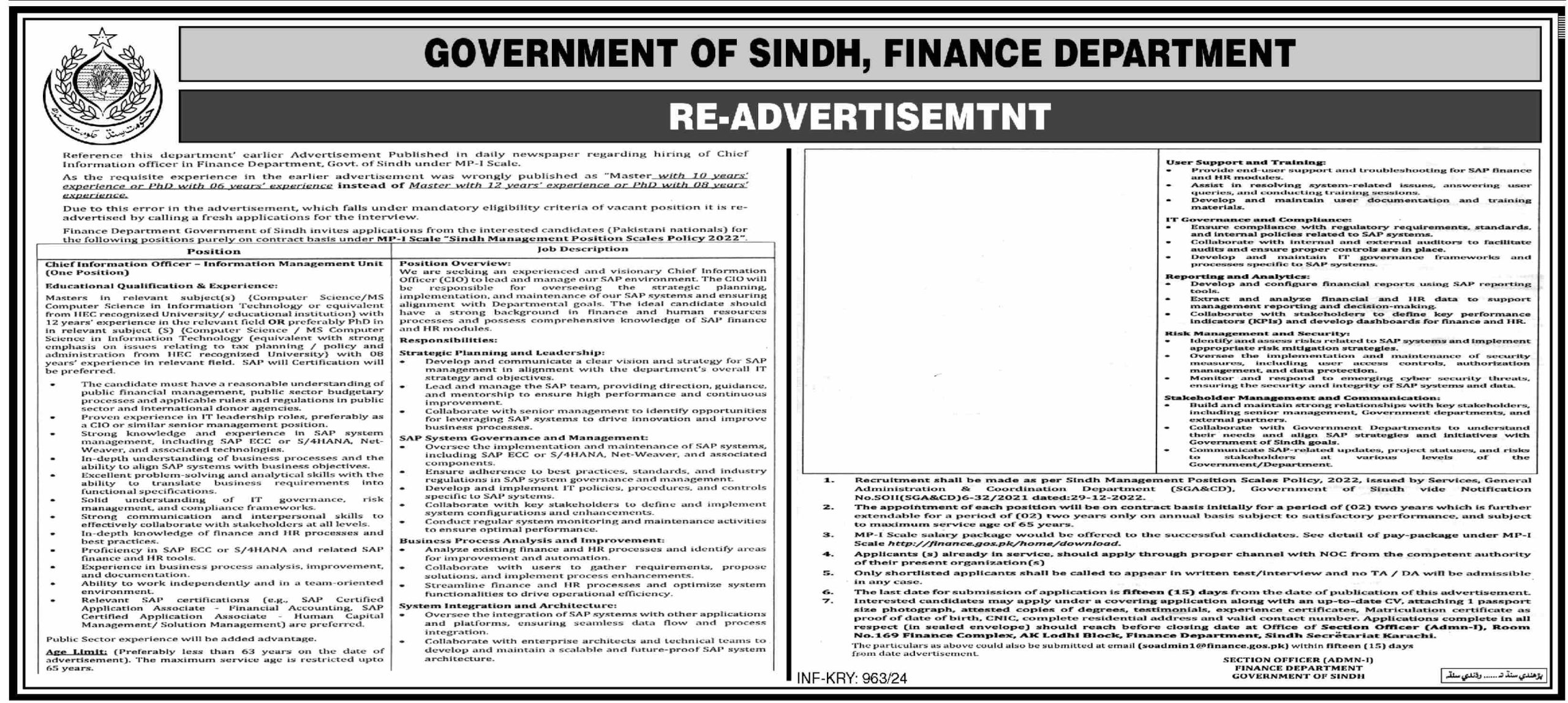 Finance Department Sindh Jobs 2024 – Download Application Form