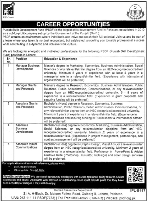 Punjab Skills Development Fund PSDF Lahore Jobs 2024