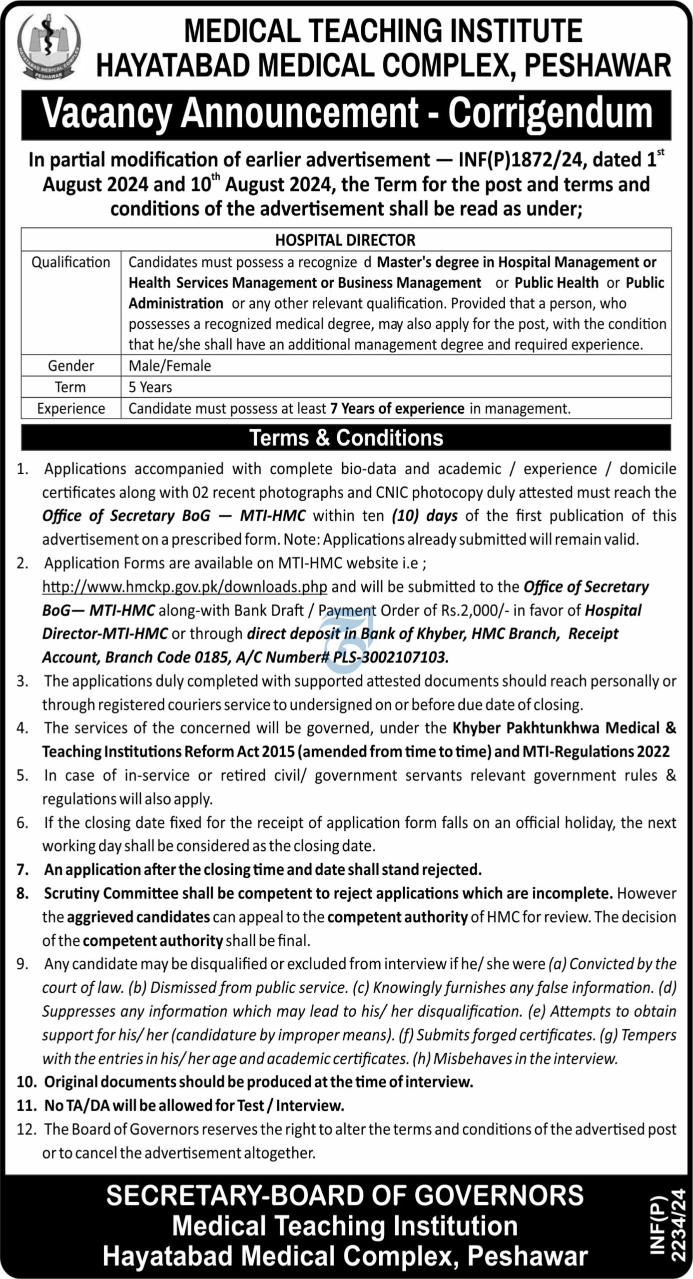 Job Vacancy At Hayatabad Medical Complex HMC