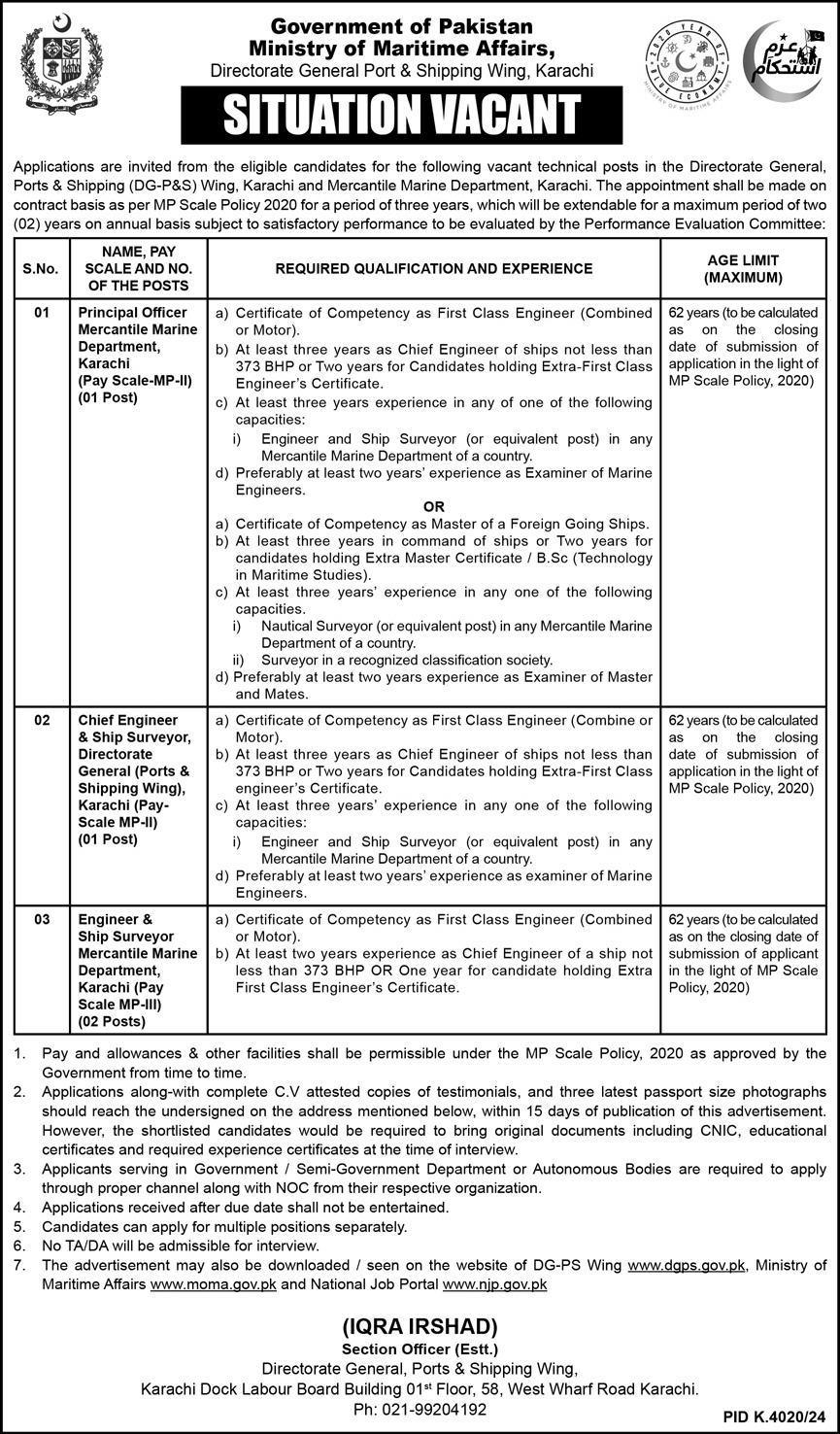 Directorate General Port & Shipping Wing Karachi Jobs 2025