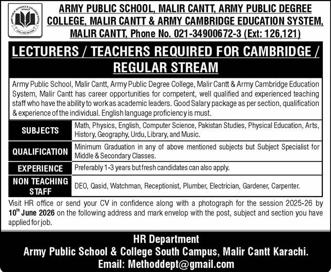 Army Public School Malir Cantt Jobs 2026 | APS Karachi Jobs
